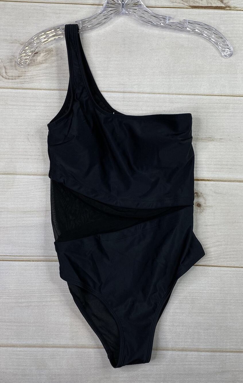 CUPSHE One Piece Swimsuit Sz S Black One Shoulder Mesh Panel Slimming NWT